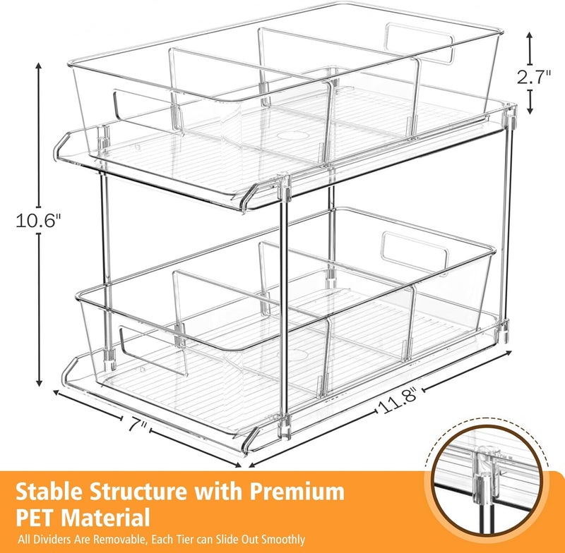 Fabspace Pull-Out Home Organizers, 2 Tier Clear Bathroom Organizer with Dividers, Multipurpose Vanity Counter Tray, Kitchen, Closet Organizers and Storage Container Bins for Cabinet, Pantry - Image 2